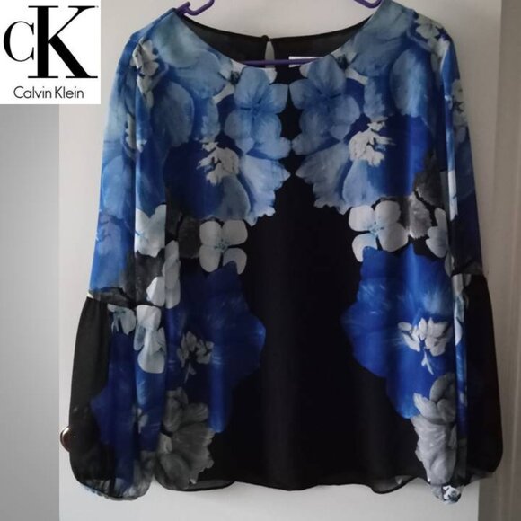 Calvin Klein blue black flowy top blouse women's size medium.  111225 - Picture 1 of 5